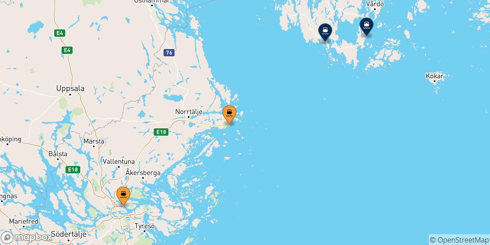 Carte des traversées possibles entre la Suède et les Îles Aland