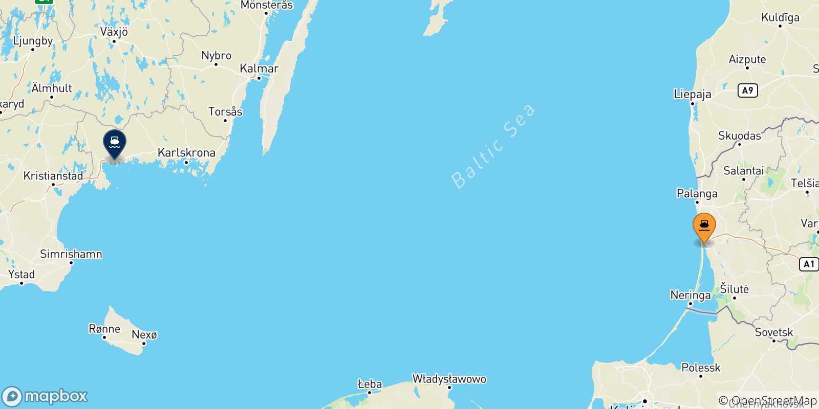 Carte des traversées possibles entre la Lituanie et la Suède