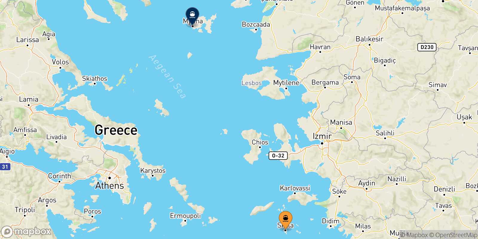 Carte des traverséesPatmos Myrina (Limnos)