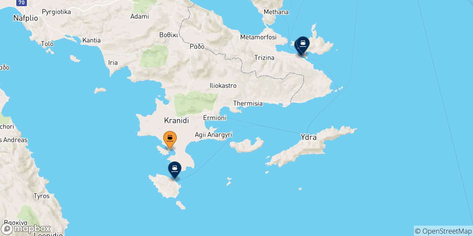 Carte des traversées possibles entre Pórto Chéli et les Îles Saroniques