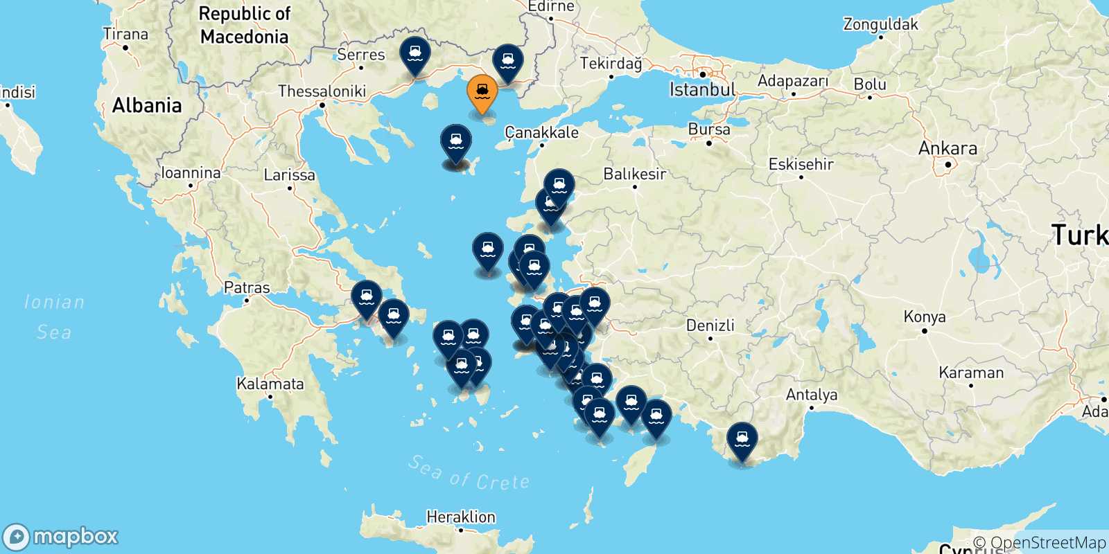 Carte des destinations des Îles Égéennes