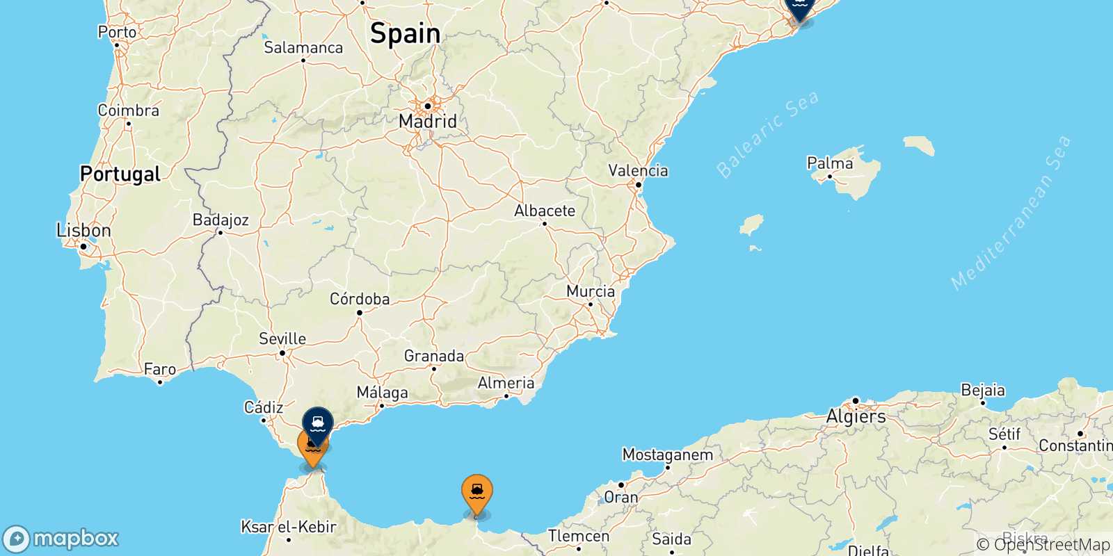 Carte des traversées possibles entre le Maroc et l'Espagne