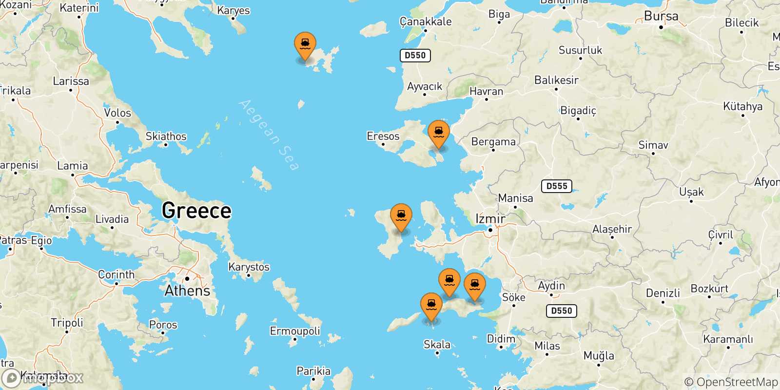 Carte des traversées possibles entre les Îles Égéennes et Evdilos (Ikaria)