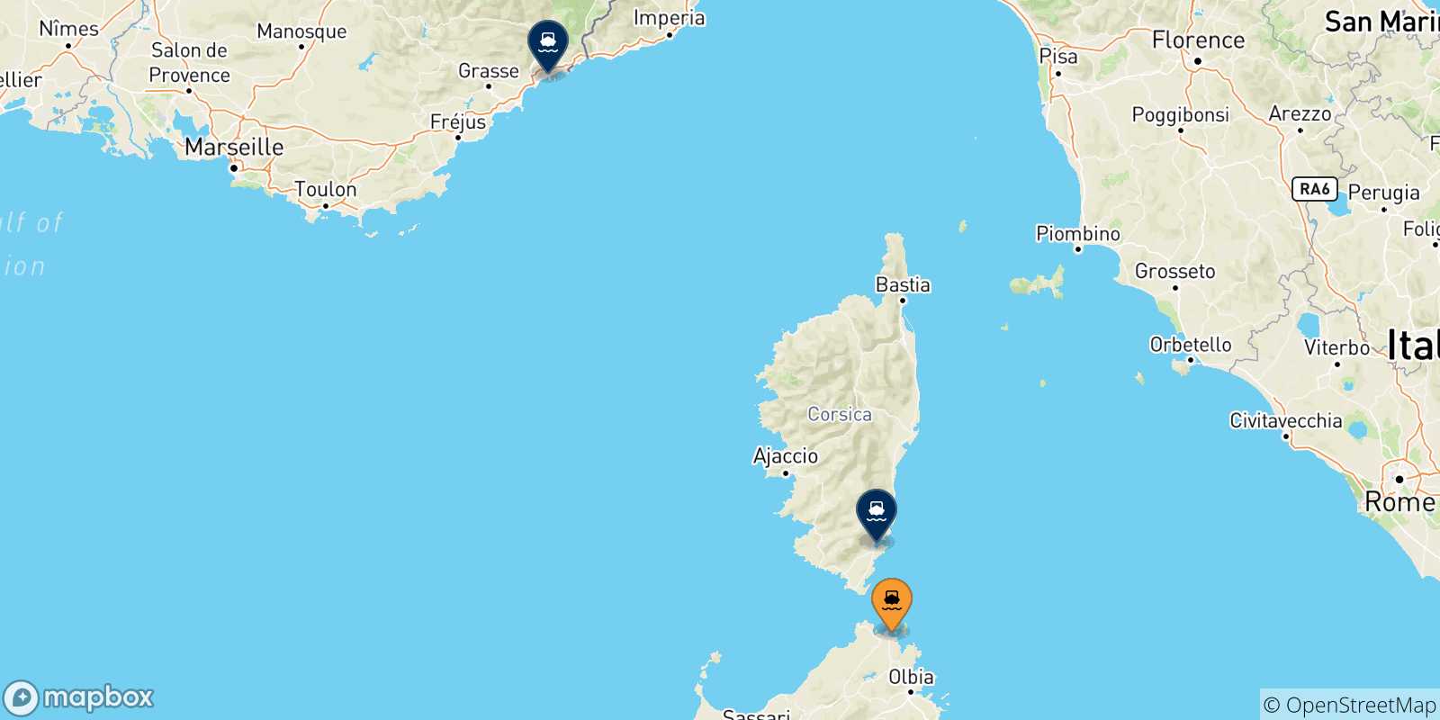 Carte des traversées possibles entre Golfo Aranci et la France