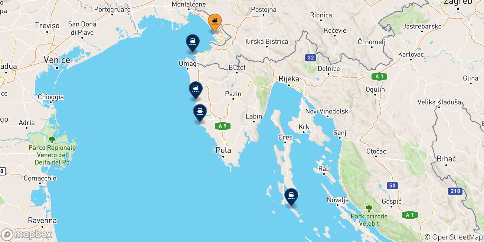 Carte des traversées possibles entre Trieste et la Croatie