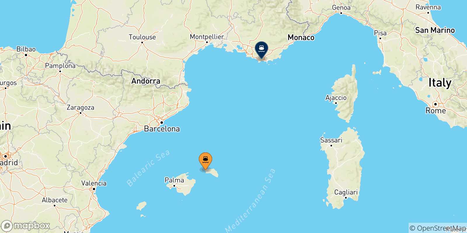 Carte des traversées possibles entre Ciutadella (Minorque) et la France
