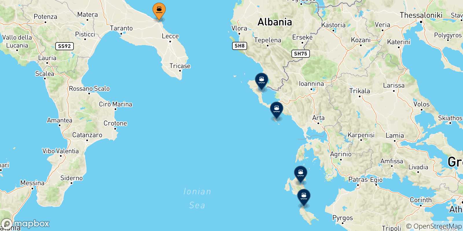 Carte des traversées possibles entre Brindisi et Îles Ioniennes