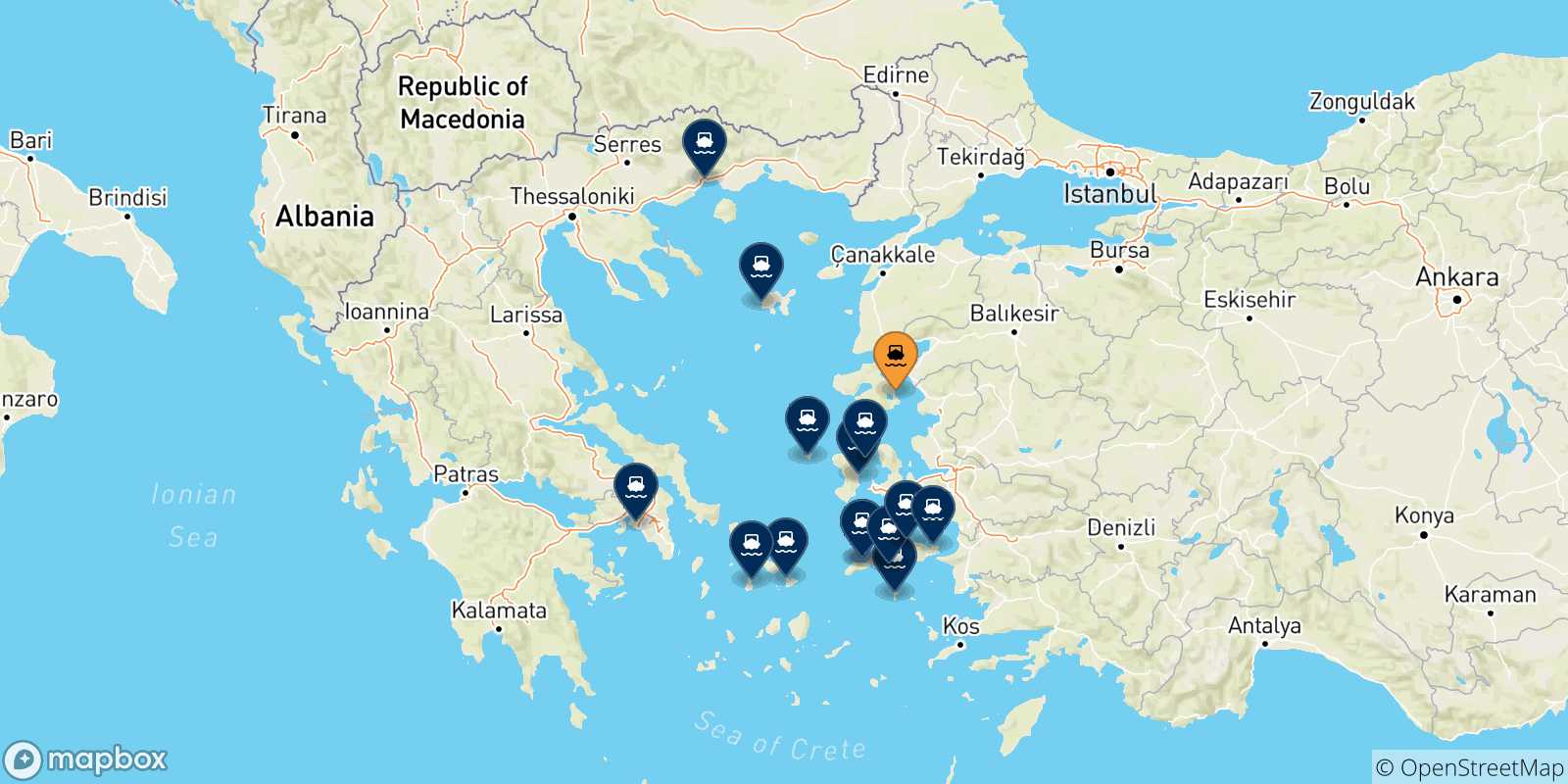 Carte des traversées possibles entre Mytilene (Lesvos) et la Grèce