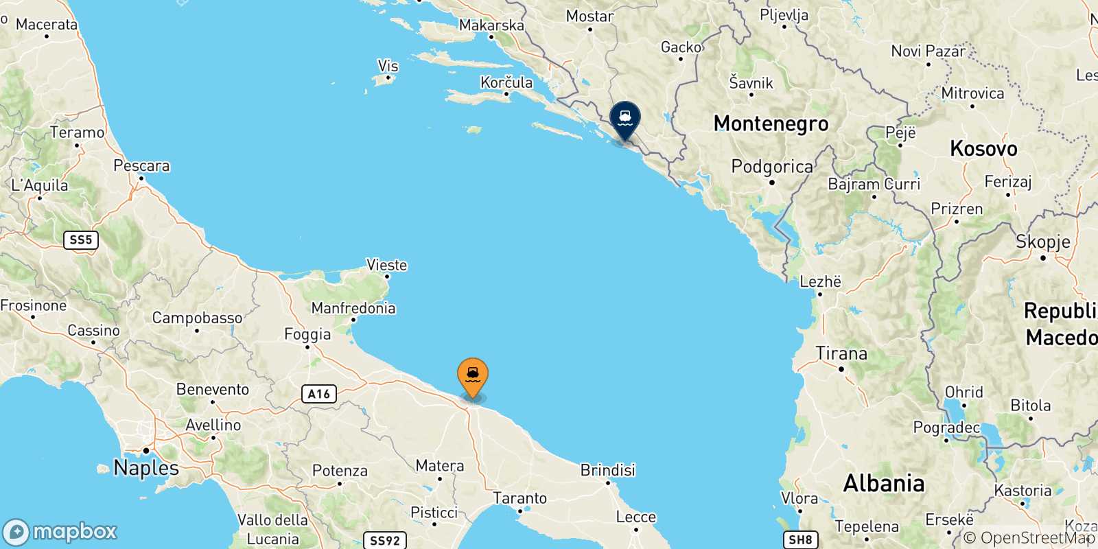 Carte des traversées possibles entre l'Italie et Dubrovnik