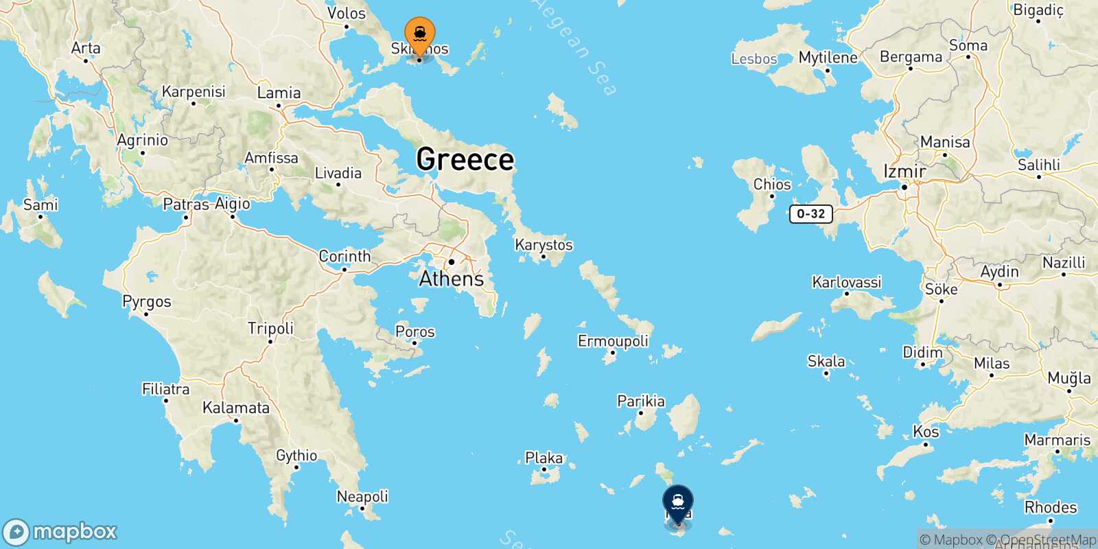 Carte des traverséesSkiathos Thera (Santorin)