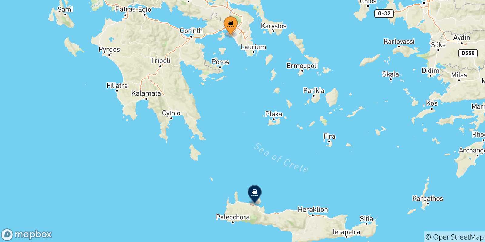 Carte des traversées possibles entre la Grèce et La Canée