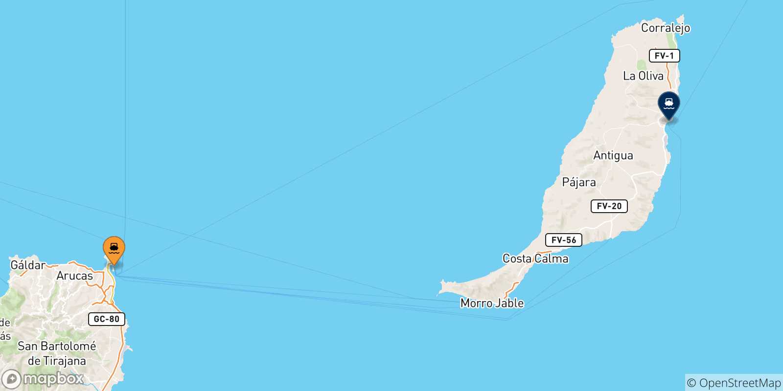 Carte des traversées possibles entre l'Espagne et Puerto Del Rosario (Fuerteventura)