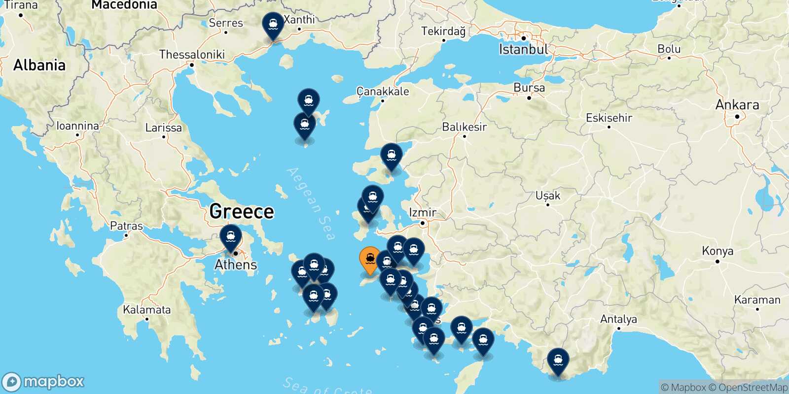 Carte des destinations de Agios Kirikos (Ikaria)