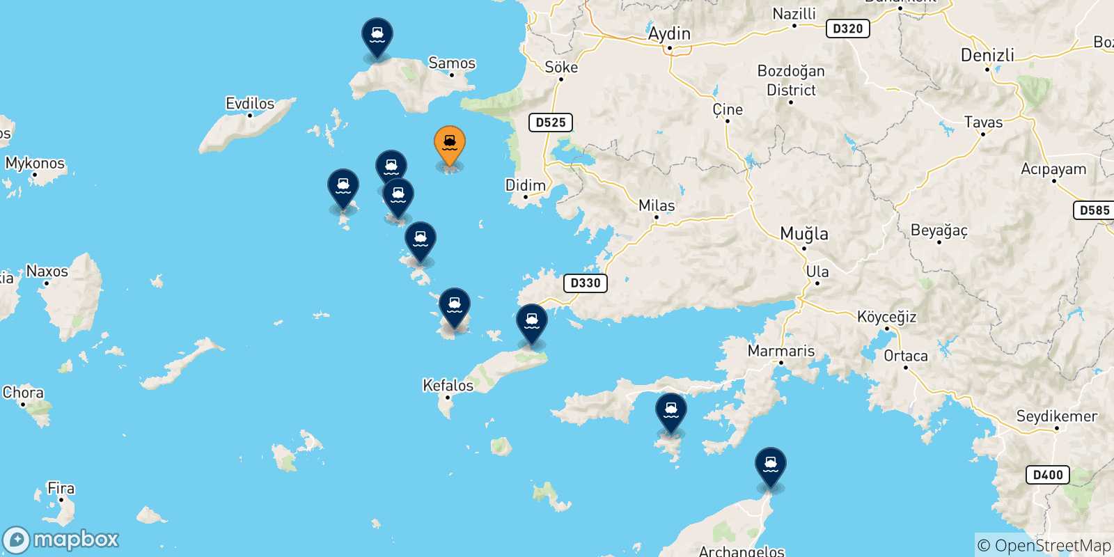 Carte des traversées possibles entre Agathonissi et la Grèce