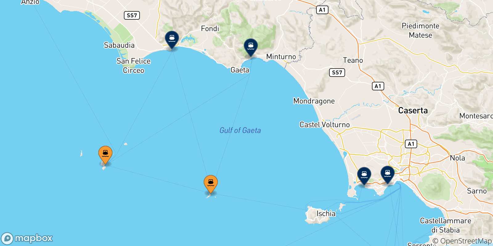 Carte des traversées possibles entre Îles Pontines et l'Italie