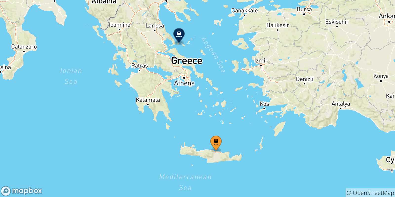 Carte des traversées possibles entre Heraklion et les Îles Sporades