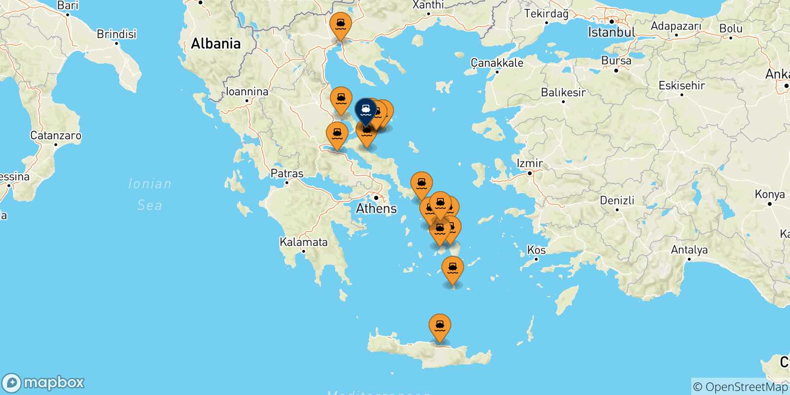 Carte des traversées possibles entre la Grèce et Skiathos