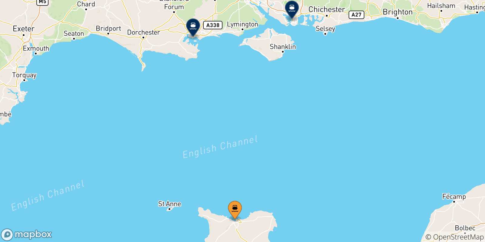 Carte des traversées possibles entre Cherbourg et le Royaume-uni