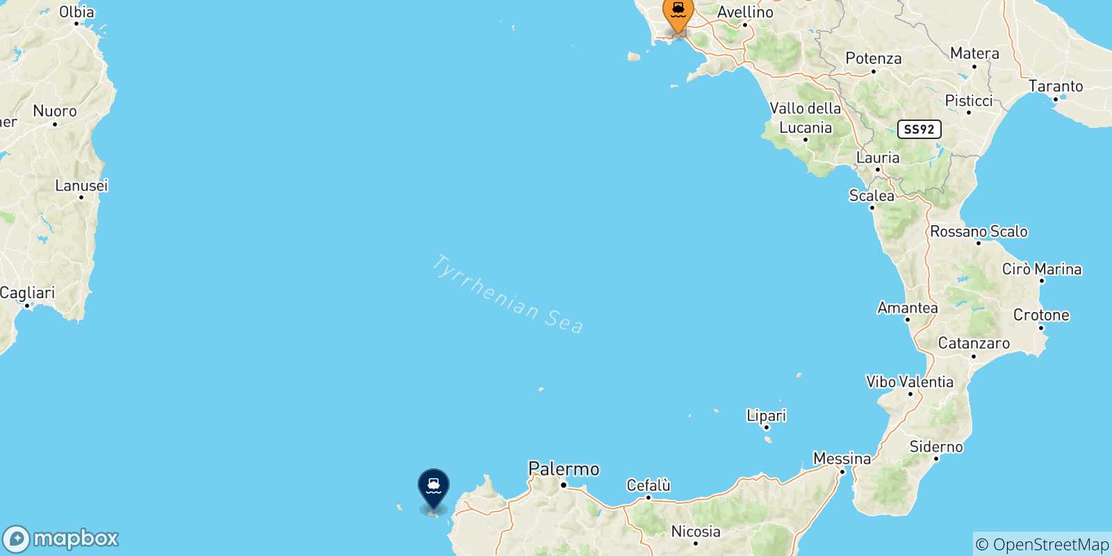 Carte des traversées possibles entre Naples Beverello et les Îles Égades