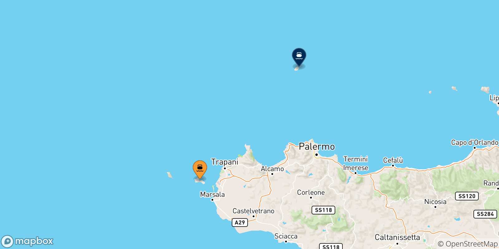 Carte des traversées possibles entre Favignana et l'Île D'ustica