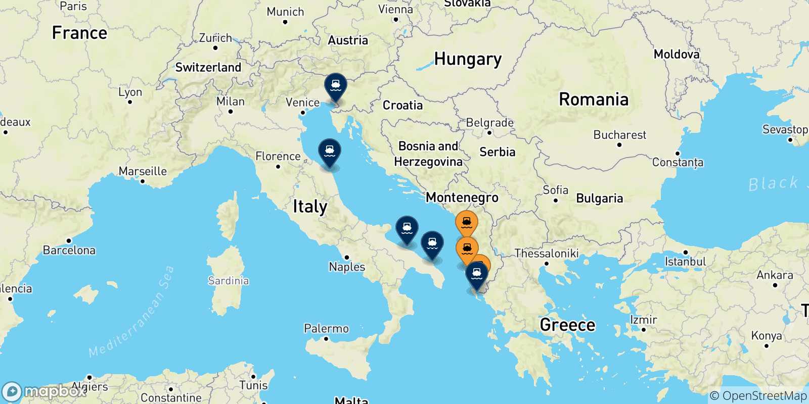 Carte des destinations de l' Albanie
