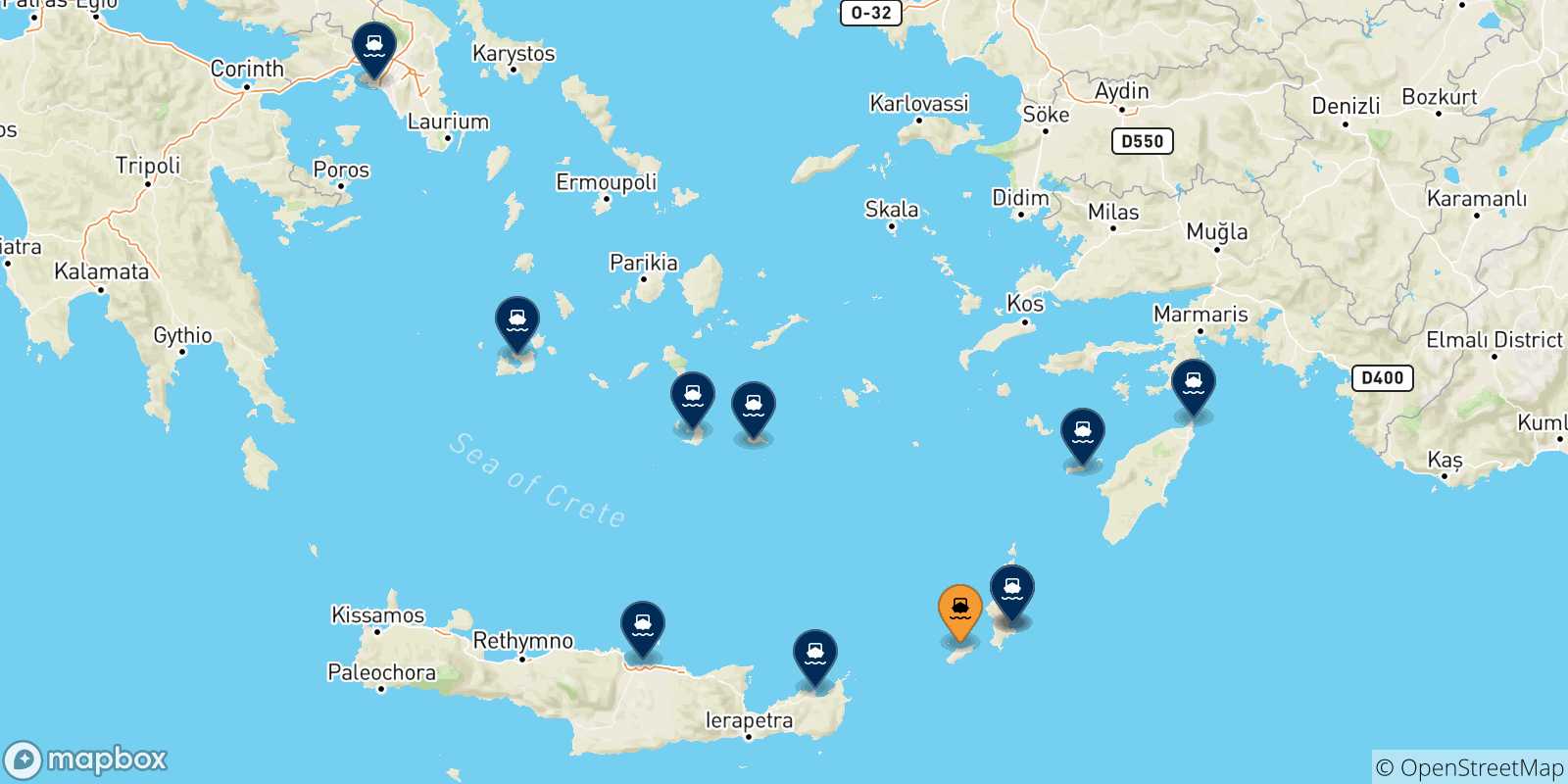 Carte des traversées possibles entre Kassos et la Grèce