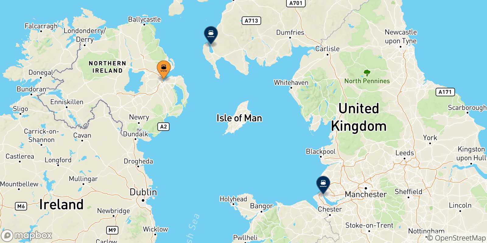 Carte des traversées possibles entre Irlande Du Nord et le Royaume-uni