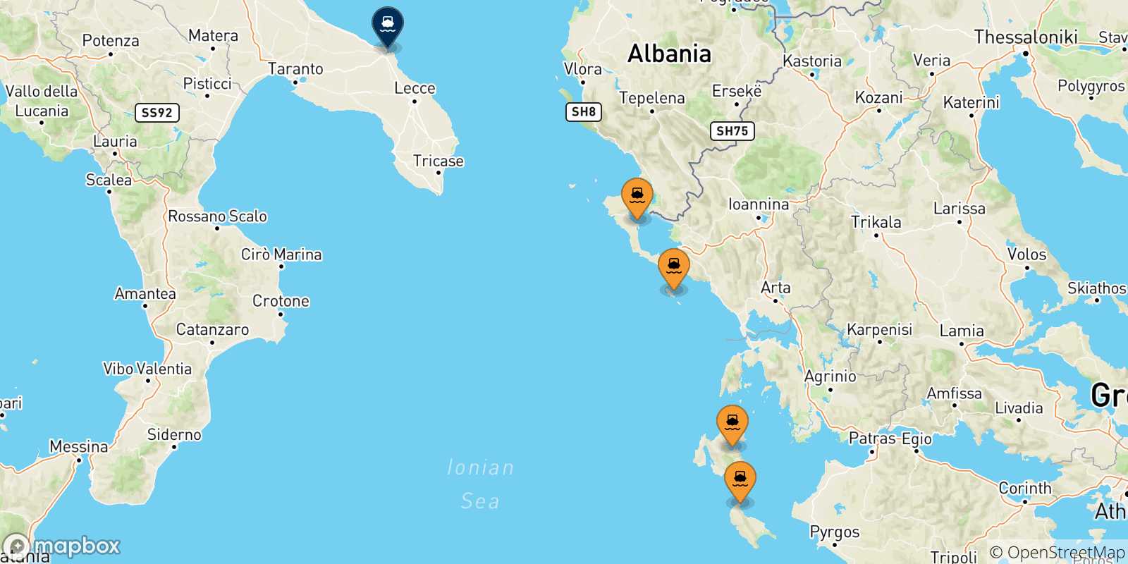 Carte des traversées possibles entre Îles Ioniennes et Brindisi