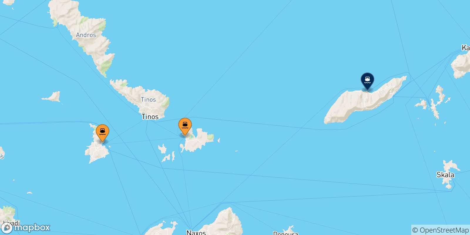 Carte des traversées possibles entre Îles Des Cyclades et Evdilos (Ikaria)