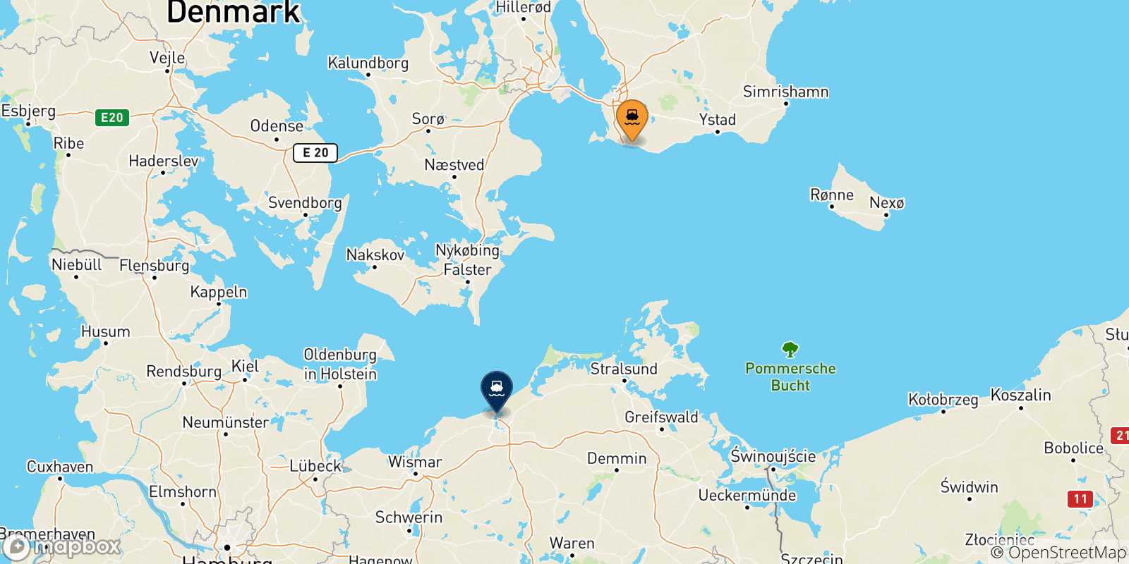 Carte des traversées possibles entre la Suède et Rostock