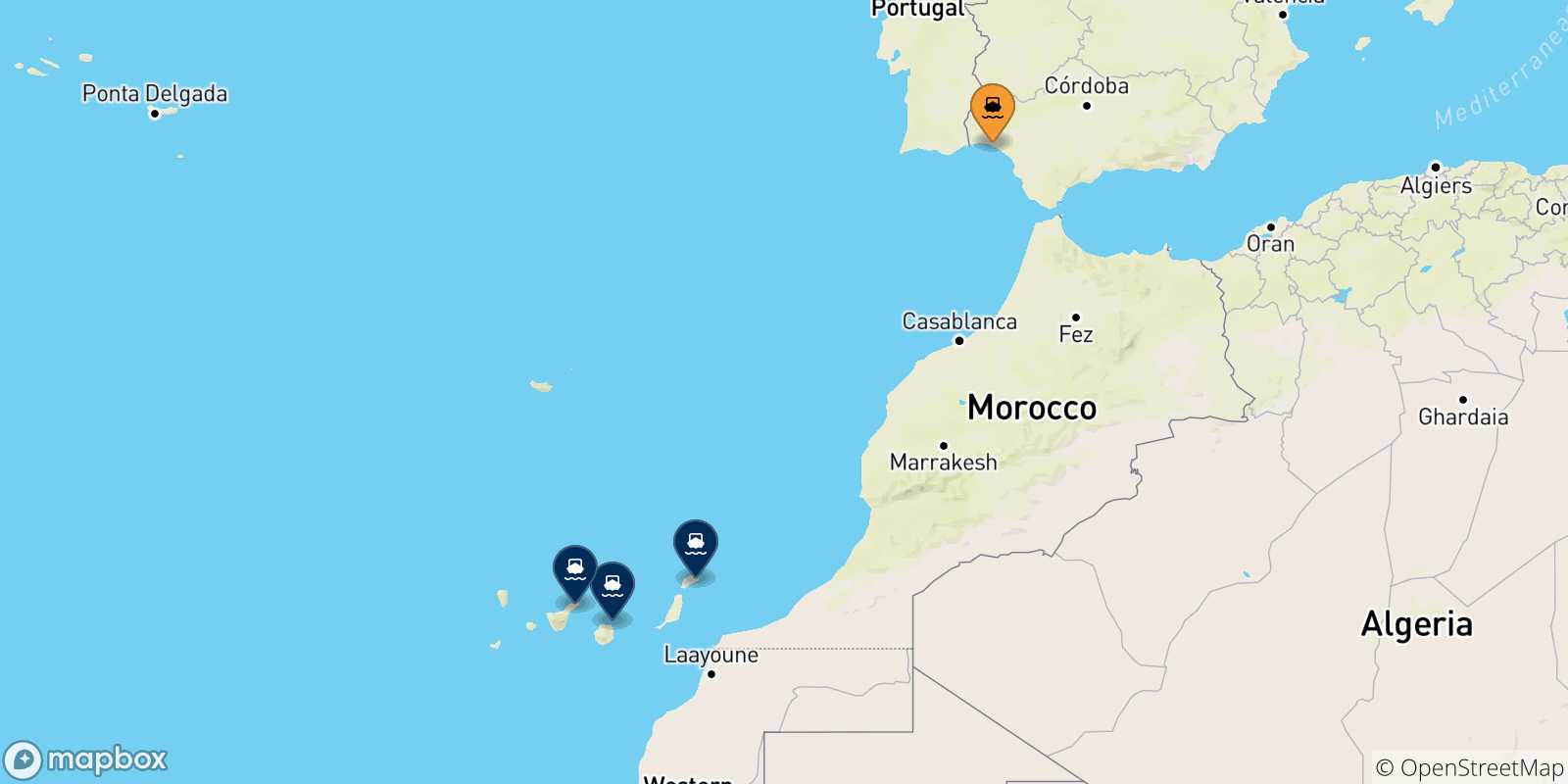 Carte des traversées possibles entre Huelva et l'Espagne
