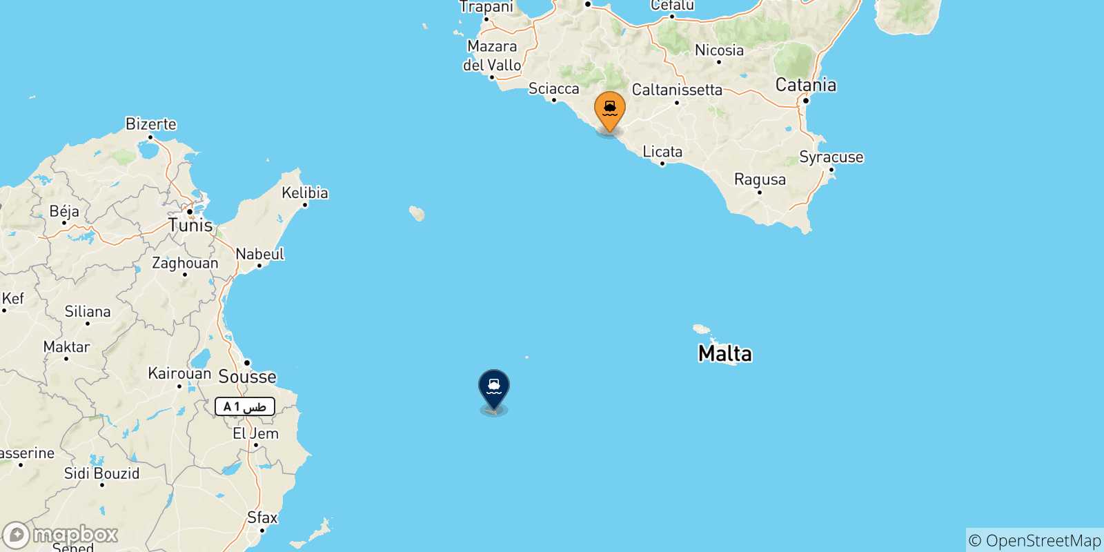 Carte des traversées possibles entre la Sicile et Lampedusa