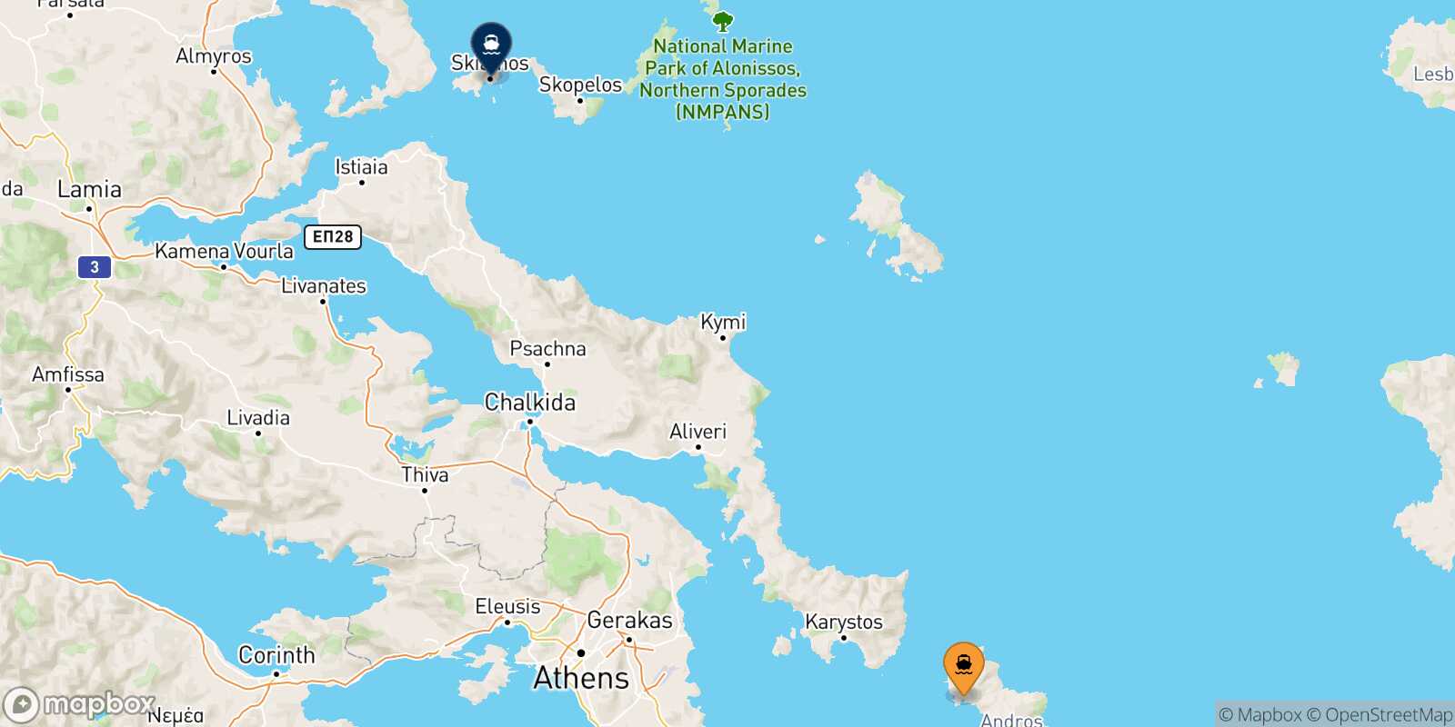 Carte des destinations de Andros
