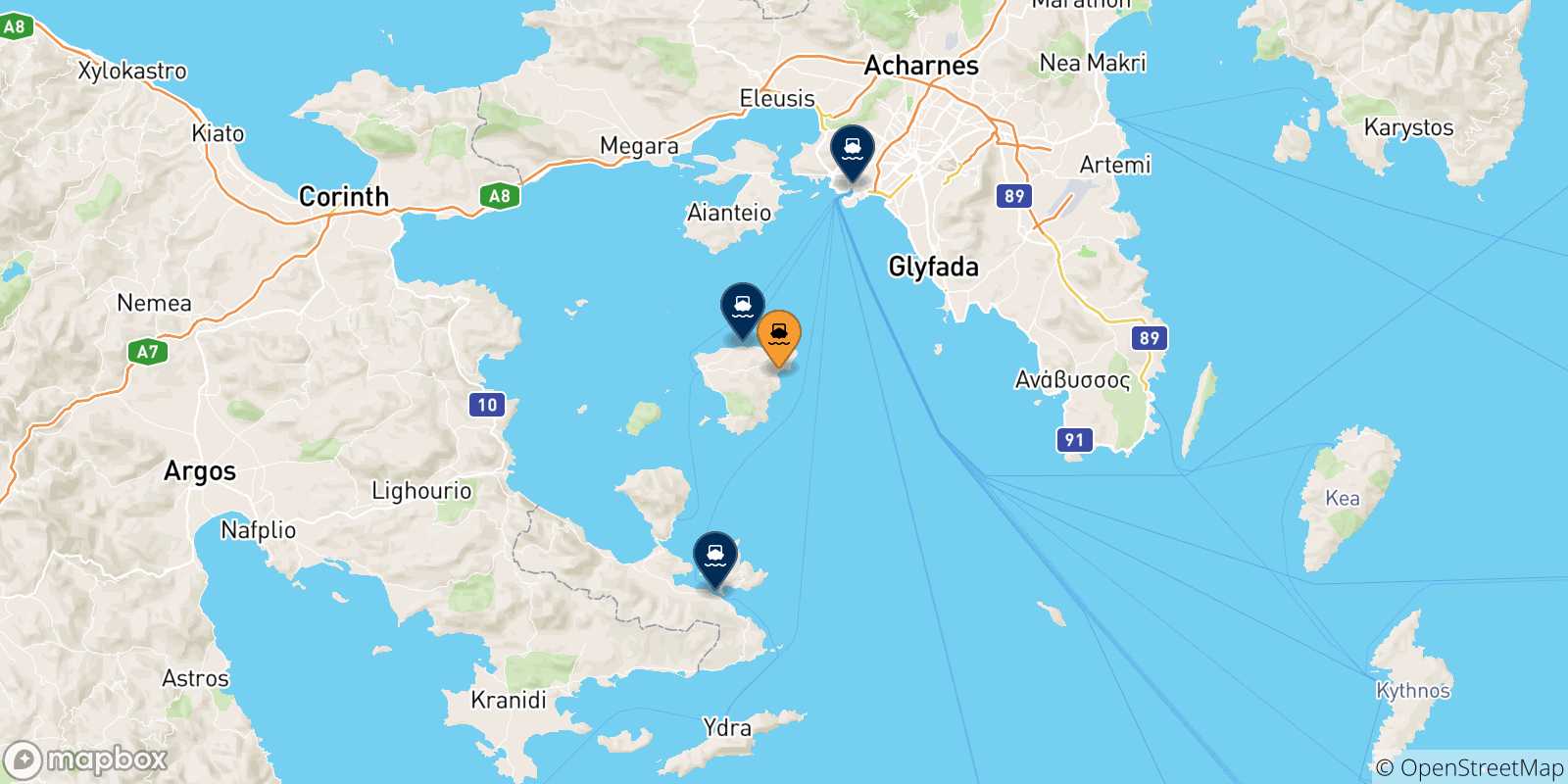Carte des traversées possibles entre Agia Marina (Égine) et la Grèce