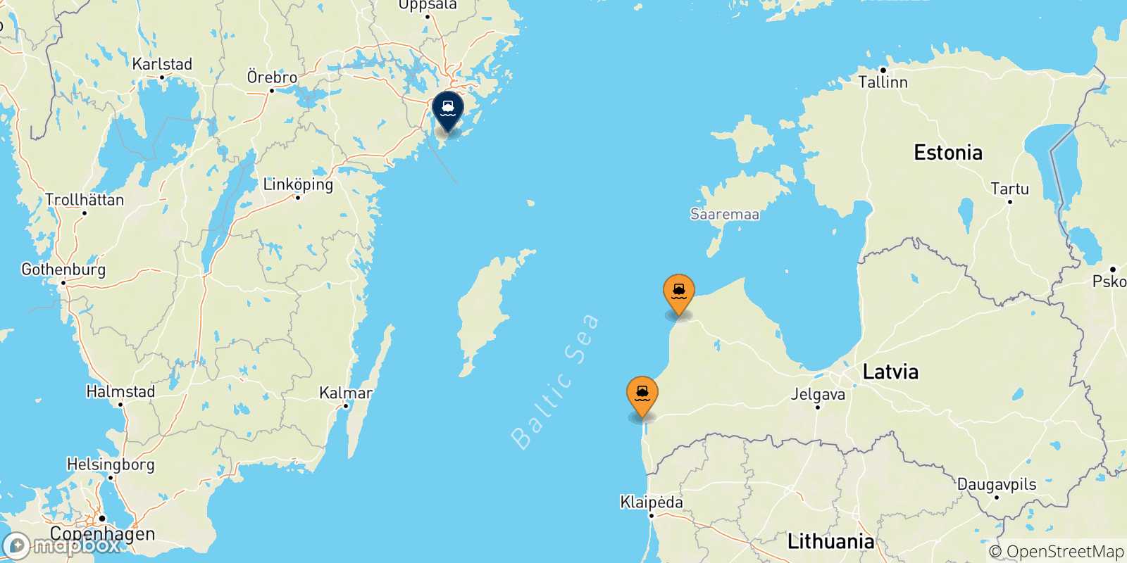 Carte des traversées possibles entre Lettonie et la Suède