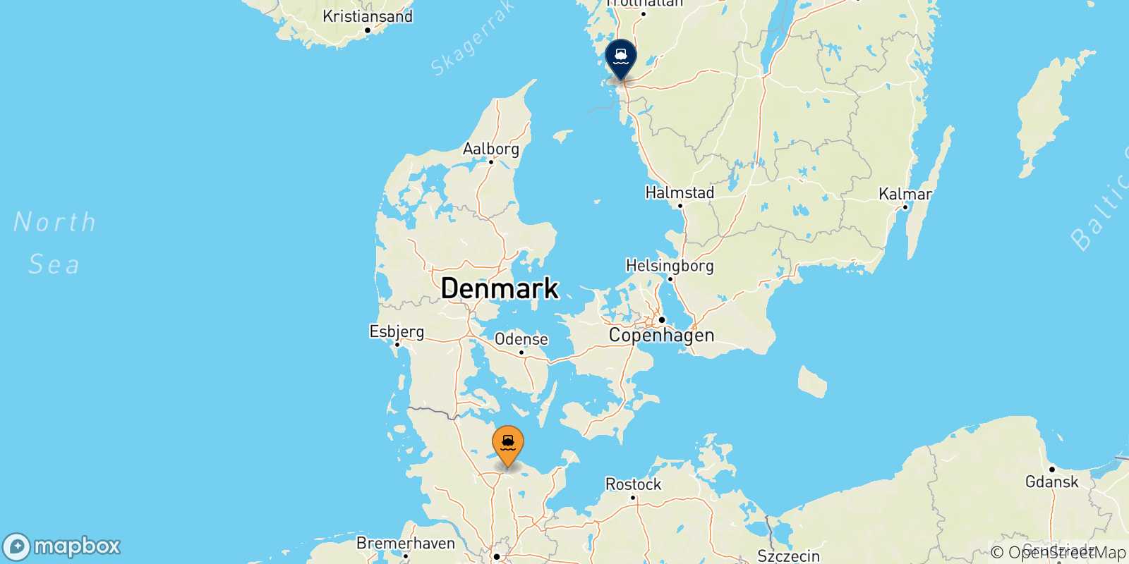 Carte des traversées possibles entre Kiel et la Suède