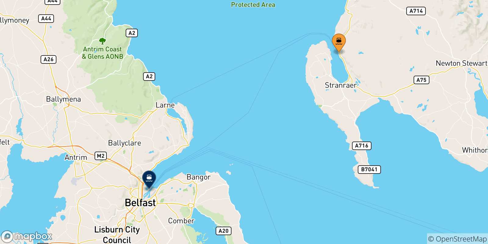 Carte des traversées possibles entre Cairnryan et Irlande Du Nord