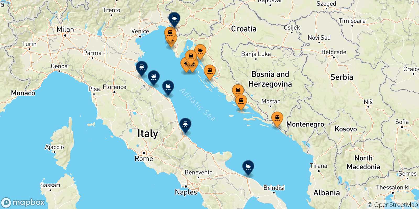 Carte des traversées possibles entre la Croatie et l'Italie