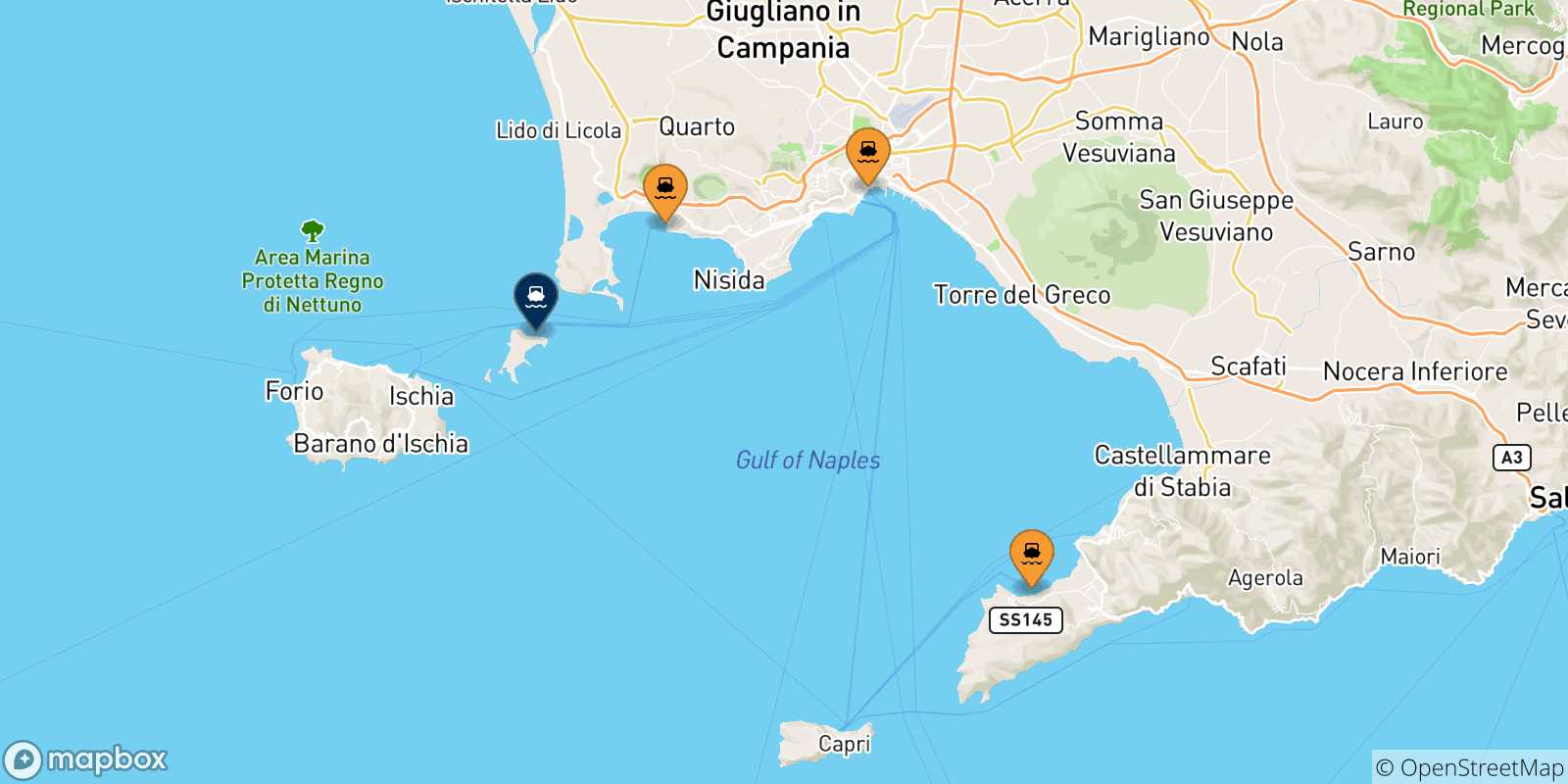 Carte des traversées possibles entre l'Italie et Procida
