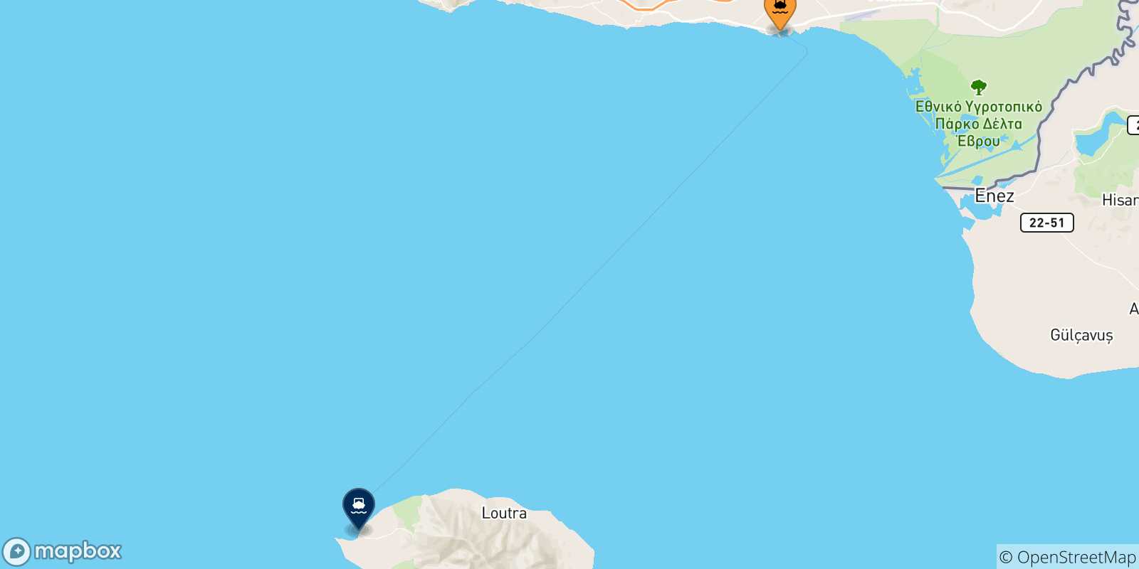 Carte des traversées possibles entre la Grèce et Samotharce