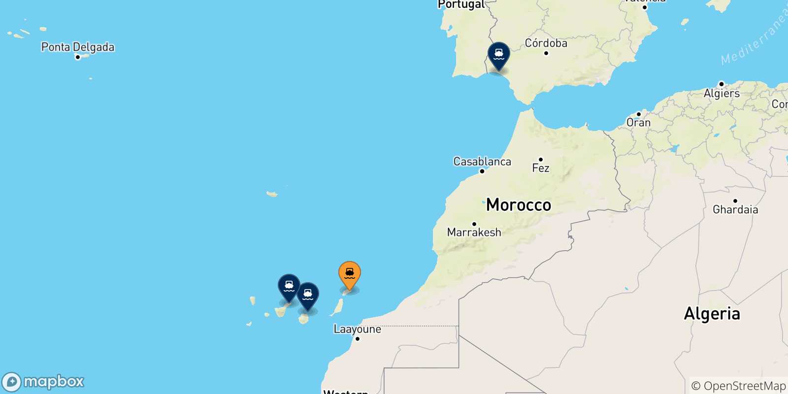 Carte des traversées possibles entre Arrecife (Lanzarote) et l'Espagne