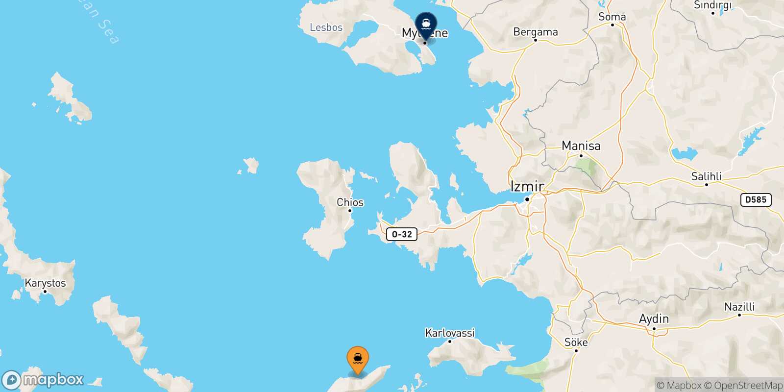 Carte des traverséesAgios Kirikos (Ikaria) Mytilene (Lesvos)