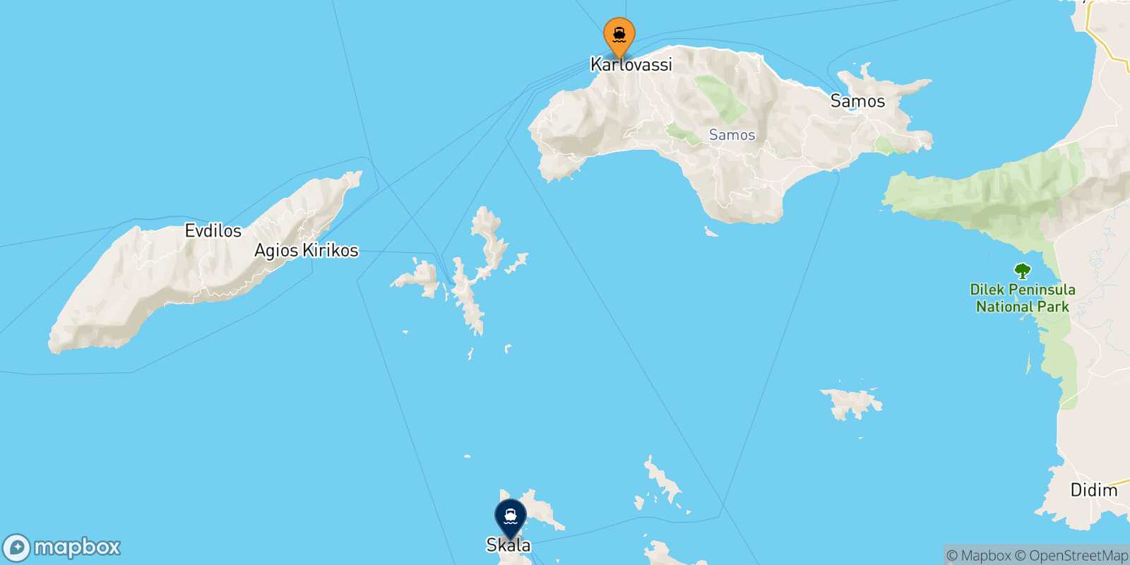 Carte des traverséesKarlovassi (Samos) Patmos