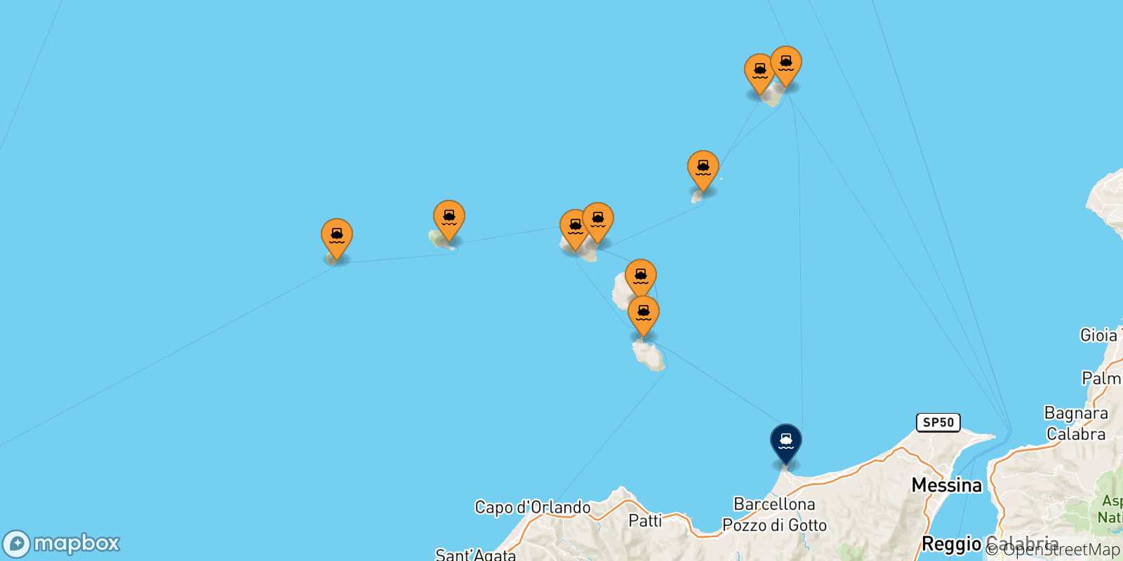 Carte des traversées possibles entre les Îles Éoliennes et Milazzo