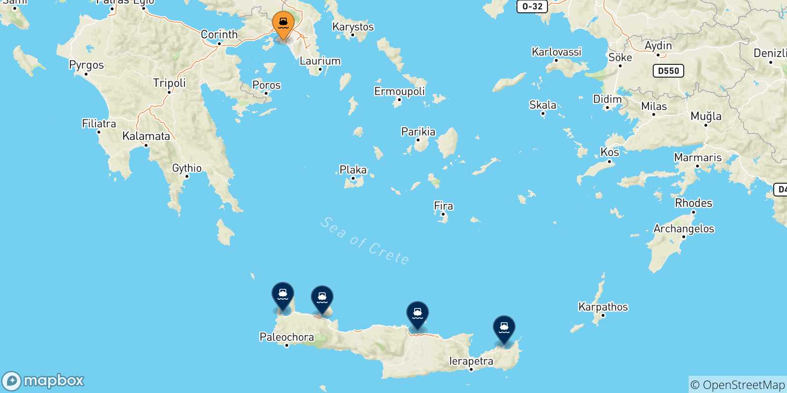 Carte des traversées possibles entre Le Piree et la Crète