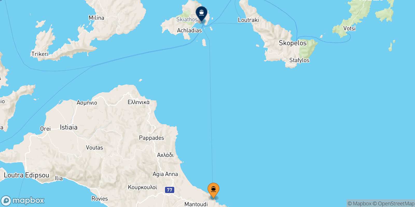 Carte des traverséesMantoudi (Evia) Skiathos