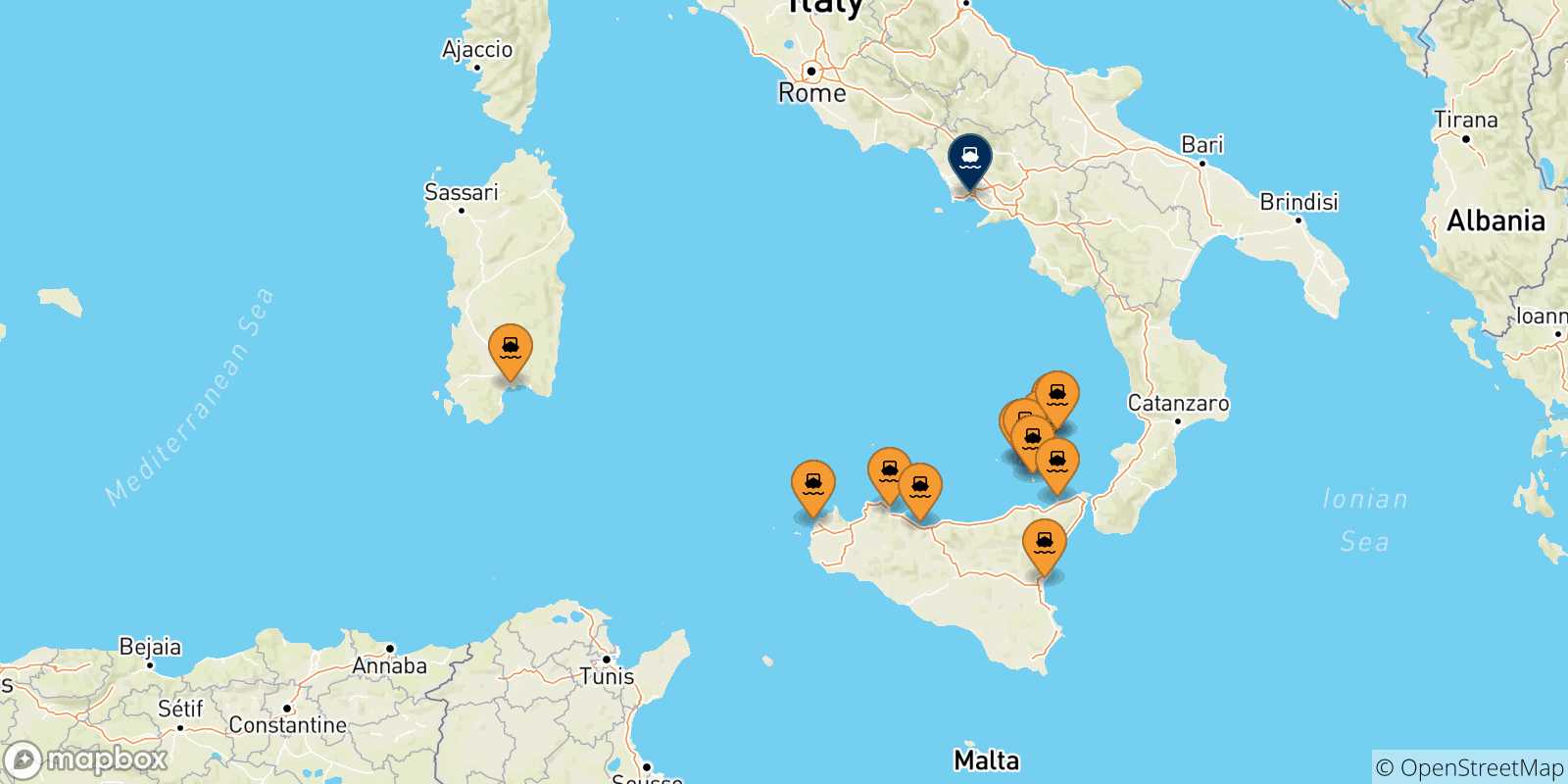 Carte des traversées possibles entre l'Italie et Naples