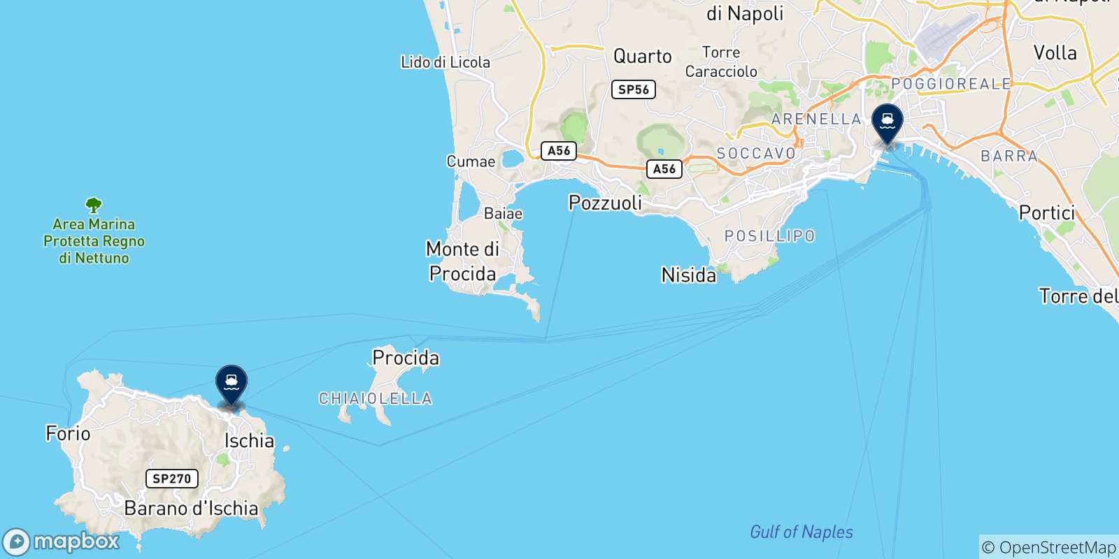 Carte des traversées possibles entre Forio (Ischia) et l'Italie