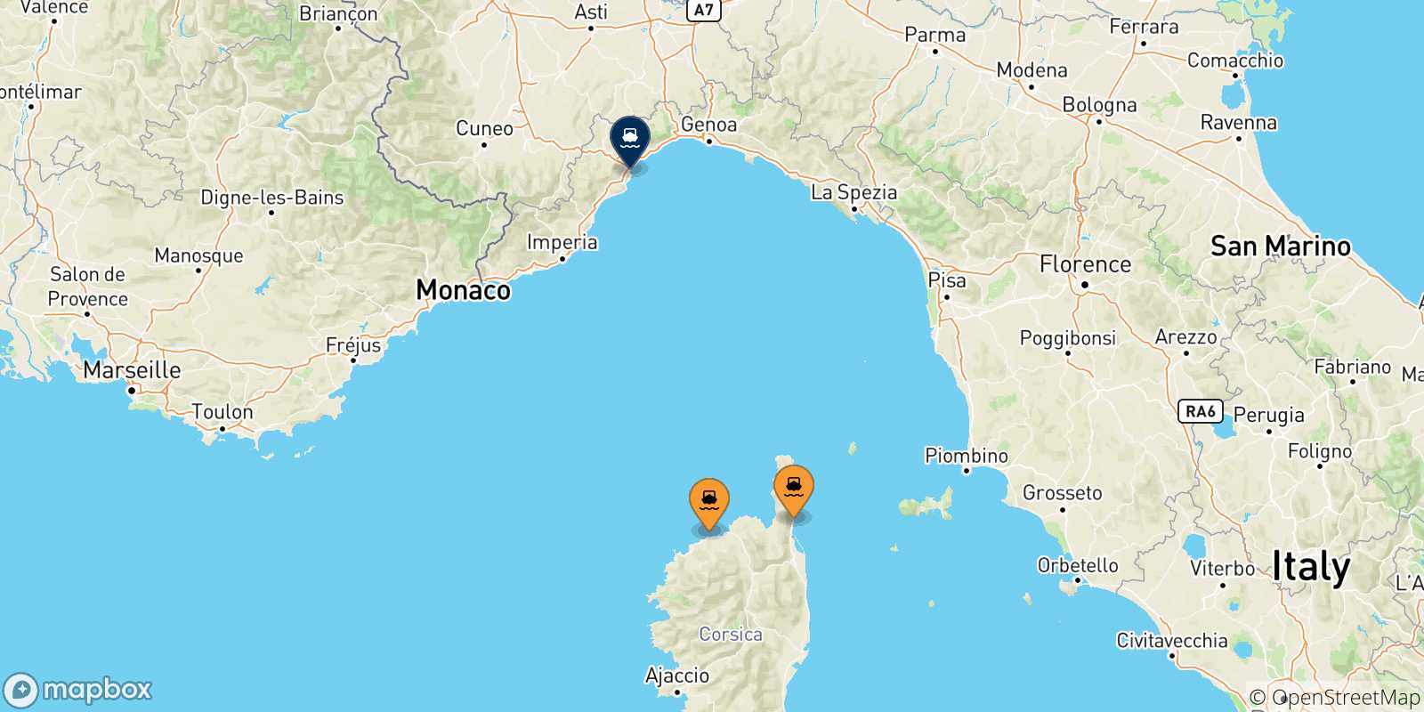 Carte des traversées possibles entre la Corse et Savone