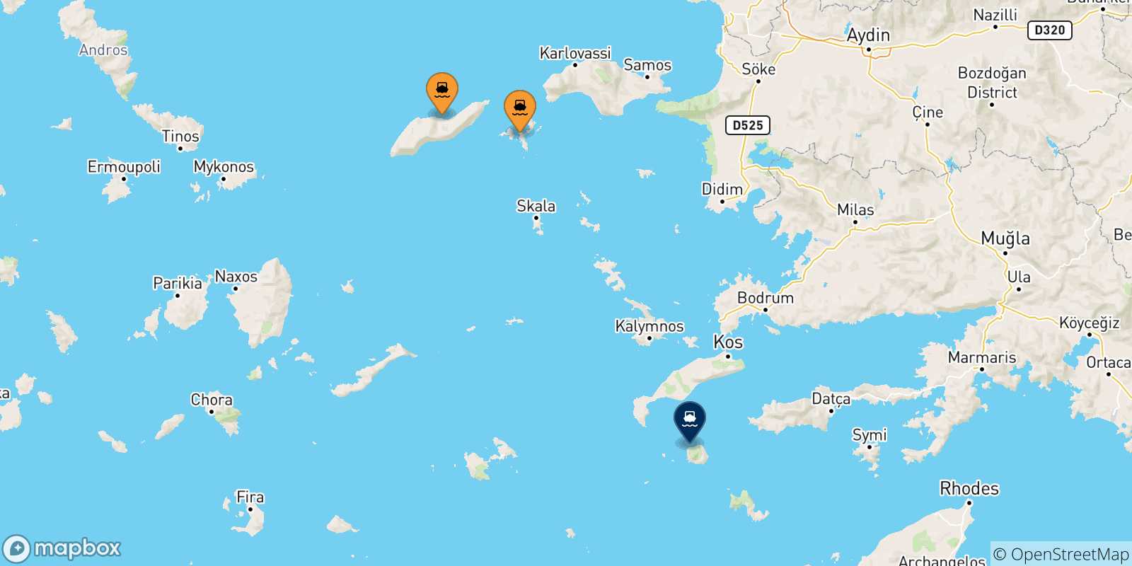 Carte des traversées possibles entre les Îles Égéennes et Nisyros